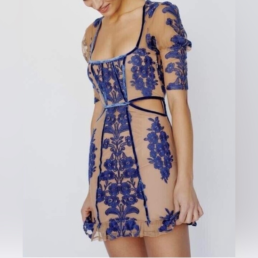 For Love & Lemons Temecula Mini Dress Size M
Blue Floral Embroidered Sheer Nude